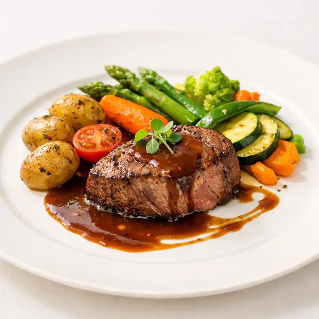 Pierś z kaczki z puree z batata i warzywami, podana na eleganckim talerzu