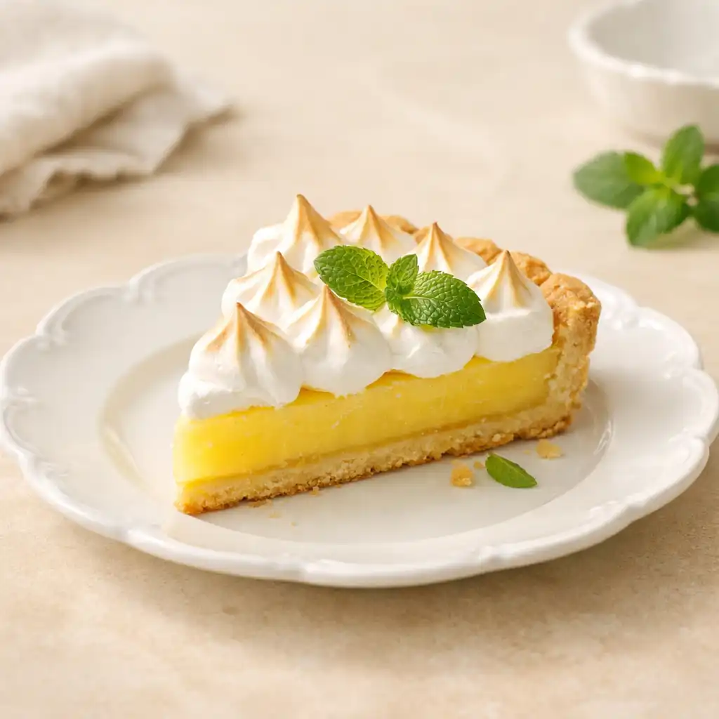 Tarta cytrynowa z bezą na porcelanowym talerzu, udekorowana listkami mięty