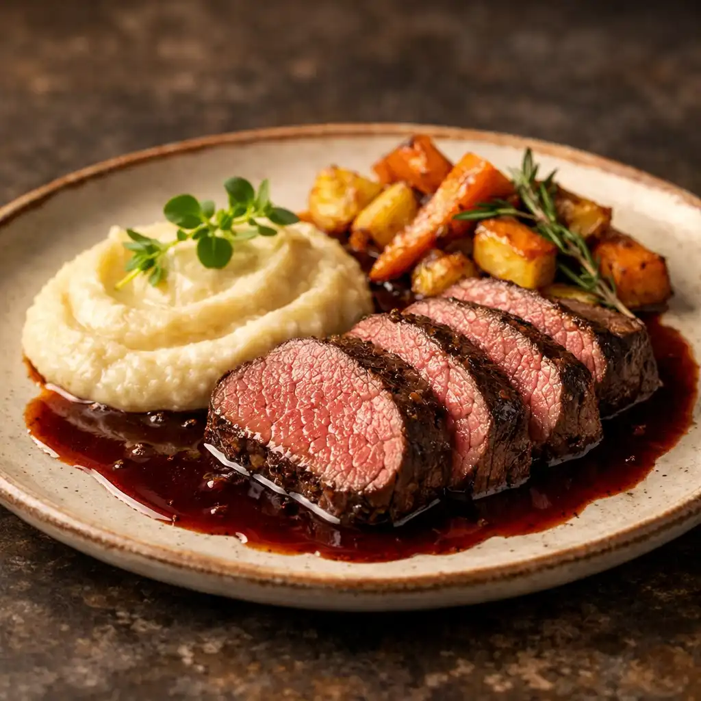 Polędwica wołowa sous-vide z puree z selera i pieczonymi warzywami