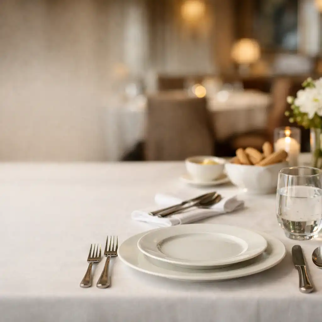 Elegancko nakryty stół w restauracji Stół Kulinarnych Chwil, z porcelanowymi talerzami i szklanką wody, w ciepłym świetle