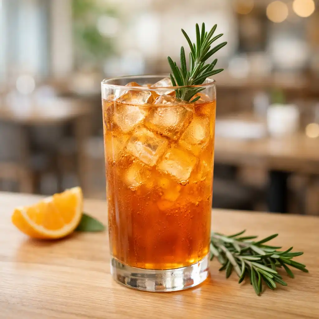 Elegancki napój bezalkoholowy w szklance highball z kostkami lodu i gałązką rozmarynu