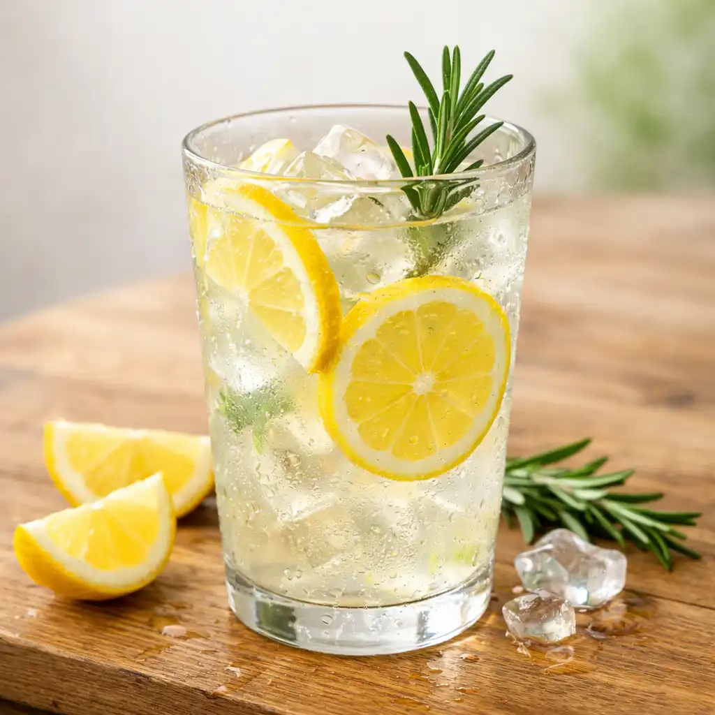Szklanka lemoniady z rozmarynem i plasterkami cytryny, z kroplami wody na szkle