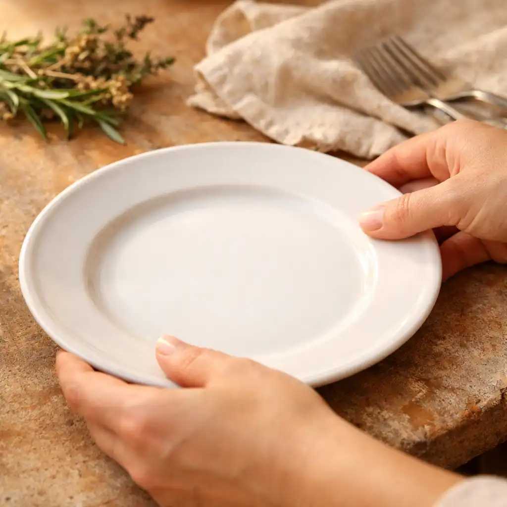 Dłonie nakrywające stół porcelanowym talerzem