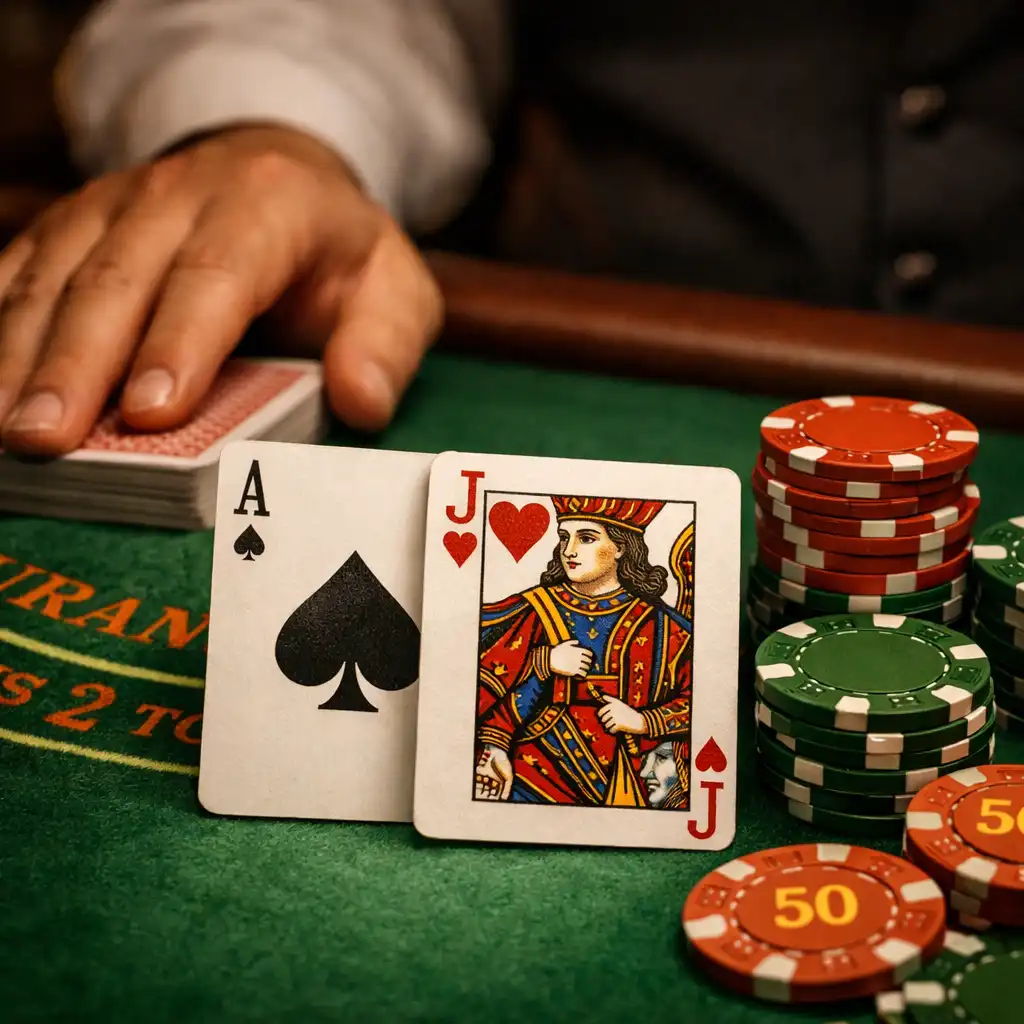 Detal stołu do blackjacka z kartami i żetonami