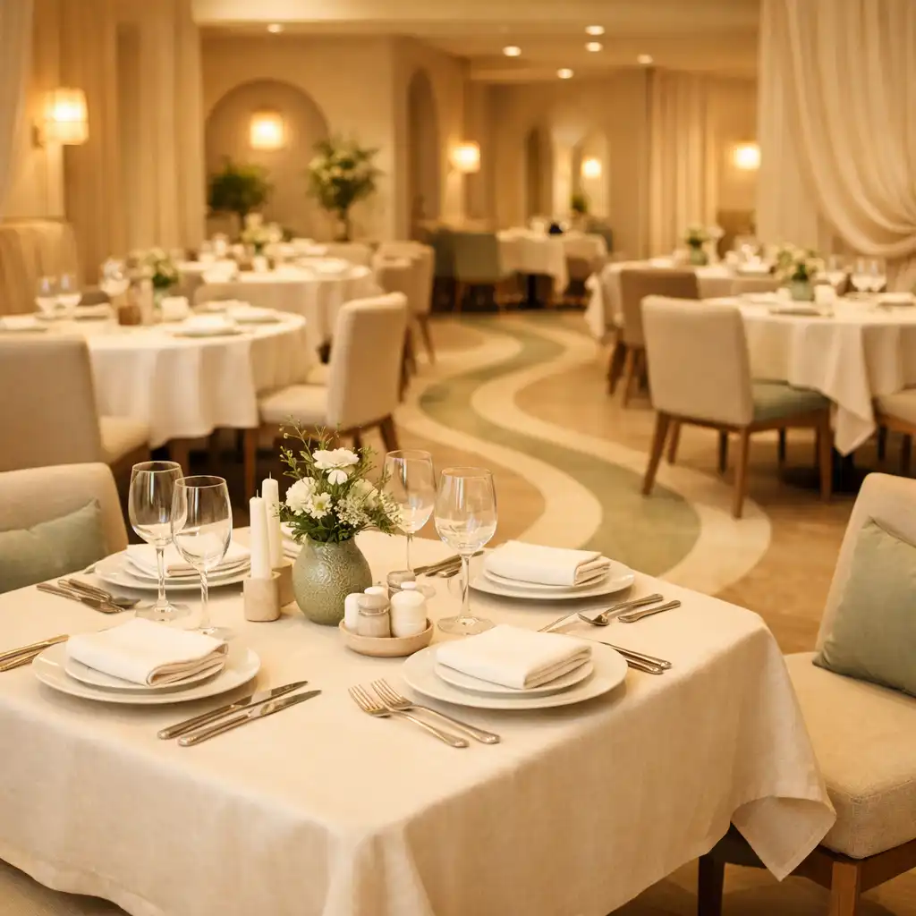 Eleganckie wnętrze restauracji Stół Kulinarnych Chwil z nakrytym stołem i ciepłym światłem