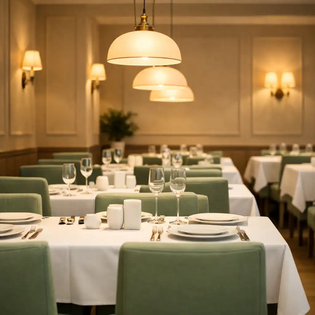 Główna sala restauracyjna z rzędami stołów, krzesłami w kolorze szałwii i ciepłymi lampami
