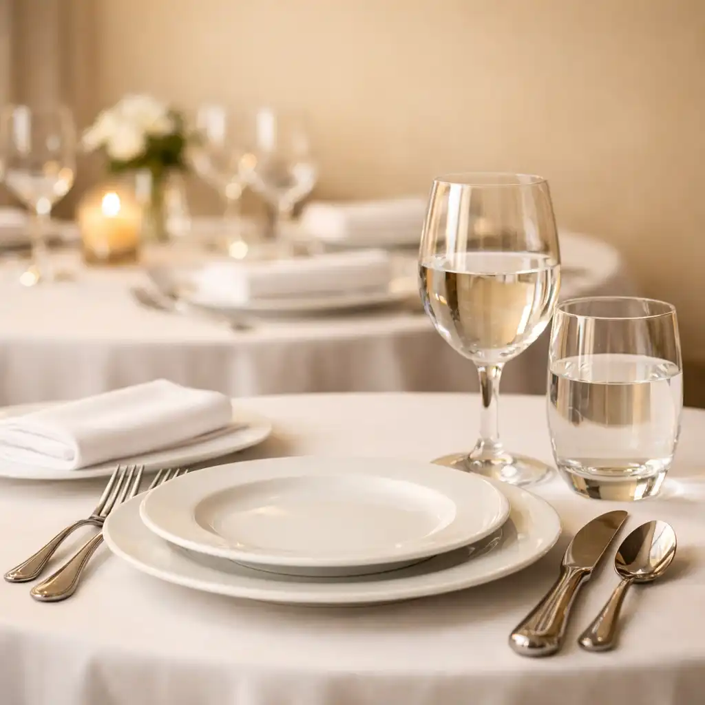 Elegancko nakryty stół z białą porcelaną, polerowanymi sztućcami i kieliszkami do wody