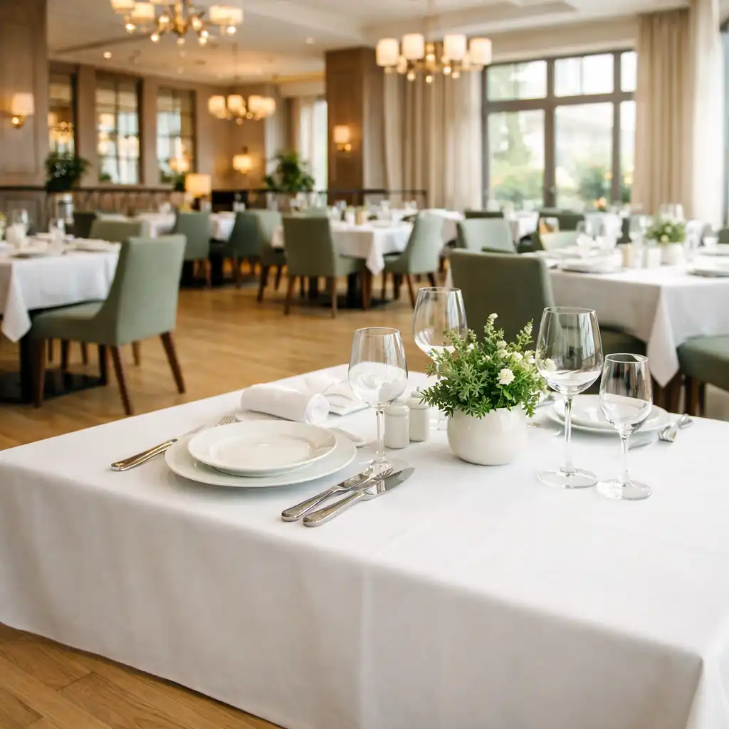 Wnętrze restauracji Stół Kulinarnych Chwil z elegancko nakrytymi stołami i ciepłym oświetleniem