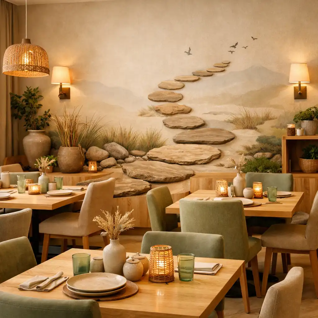 Wnętrze restauracji z ciepłymi odcieniami beżu i szałwii oraz naturalnym drewnem